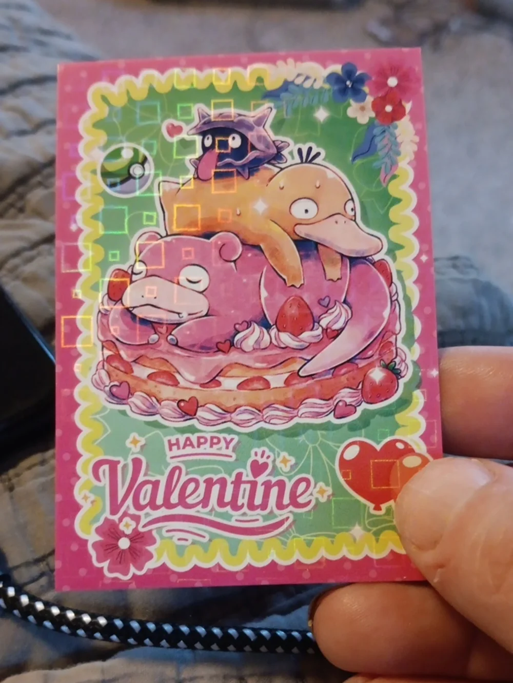 Pokemon Valentine Trading Card Pink Green Psyduck Slowpoke Design